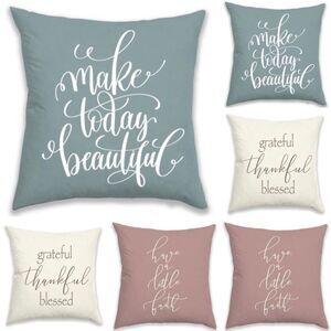 NWT 6 Graphic Inspirational Ivory Green Pink Reversible Pillow/Cushion Covers Pa